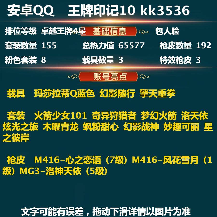 和平精英账号安卓QQkk3536- 安卓Q-卓越王牌4星-65577热力值 10王牌印记 155套装 192枪皮 【3载具】 玛莎拉蒂Q蓝色 幻影随行 擎天重拳 【2稀有】 火箭少女101 奇异狩猎者 【8粉装