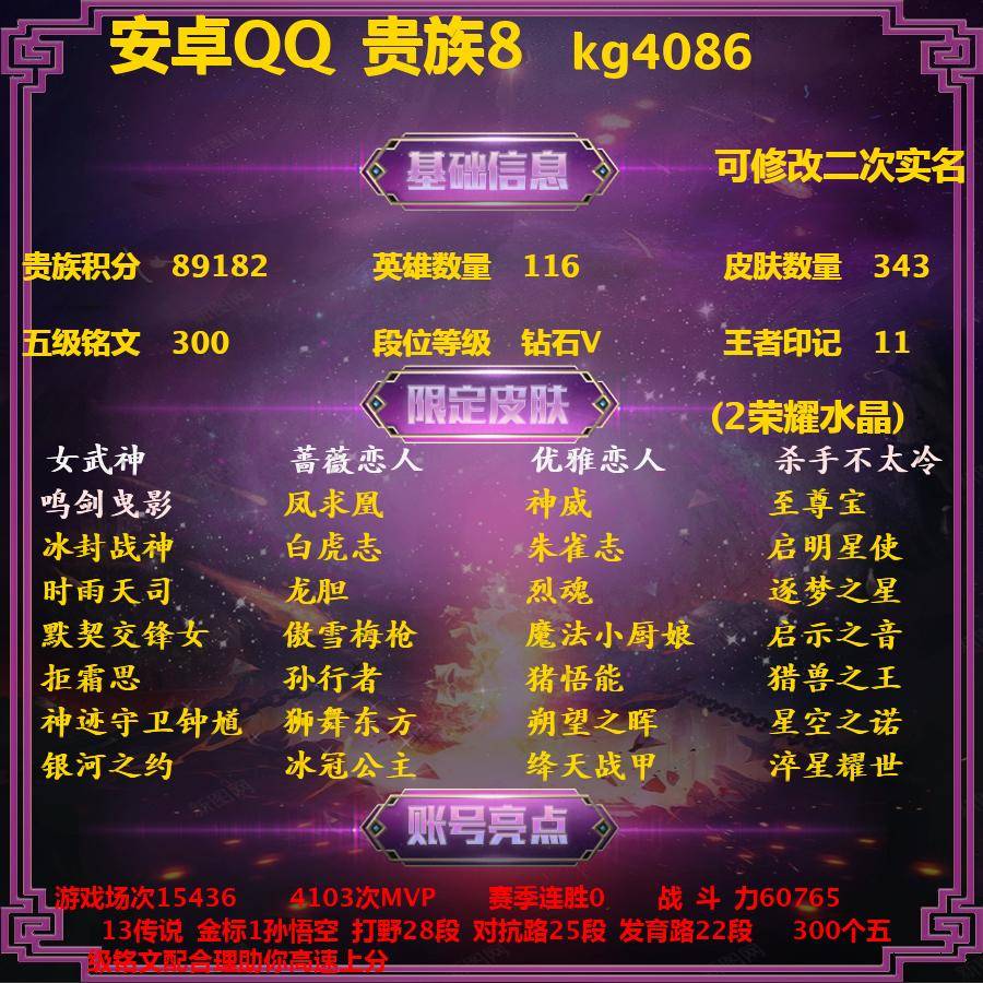 王者荣耀账号安卓QQkg4086-安卓q-贵族积分89182-V8--343皮肤-(可二次) 13传说 金标1孙悟空 打野28段 对抗路25段 发育路22段 416紫星币 258幸运值 4内测 女武神 蔷薇恋人