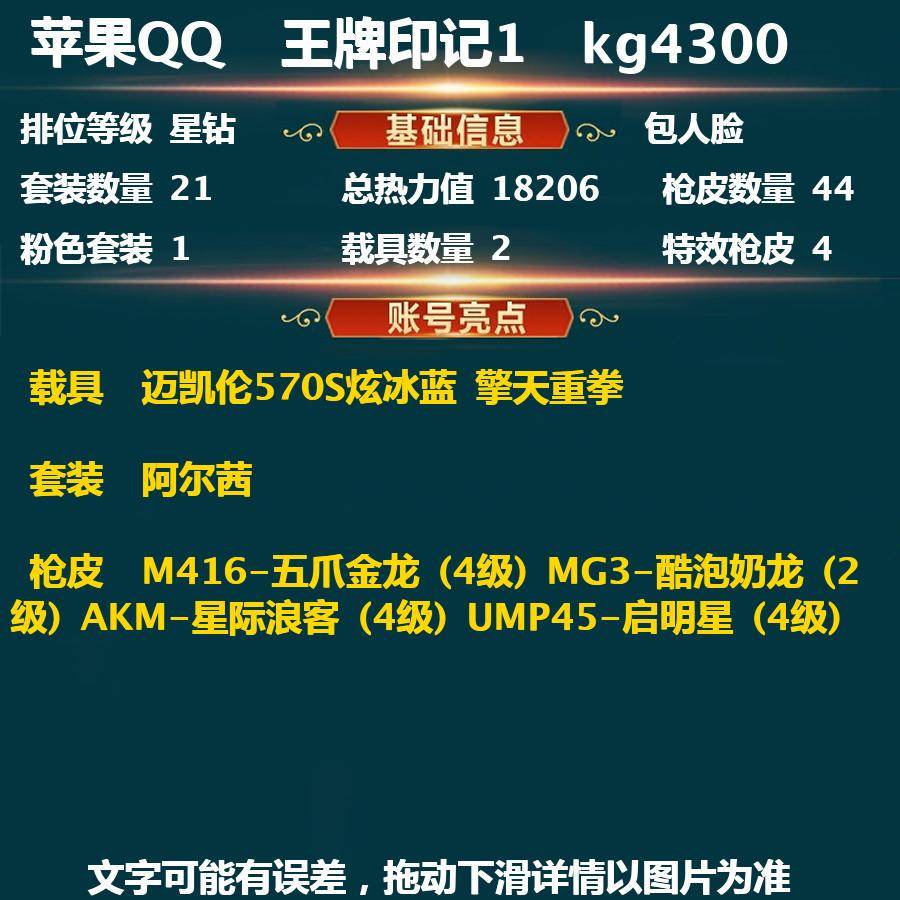 和平精英账号苹果QQkg4300 历史最高段位:超级王牌9星 王牌印记1次 等级：Lv.47 热力值:18206， 1粉装，4粉枪，2载具，2粉色战备，21套装，44枪械，33装备，0飞行器，31战备； 热门套