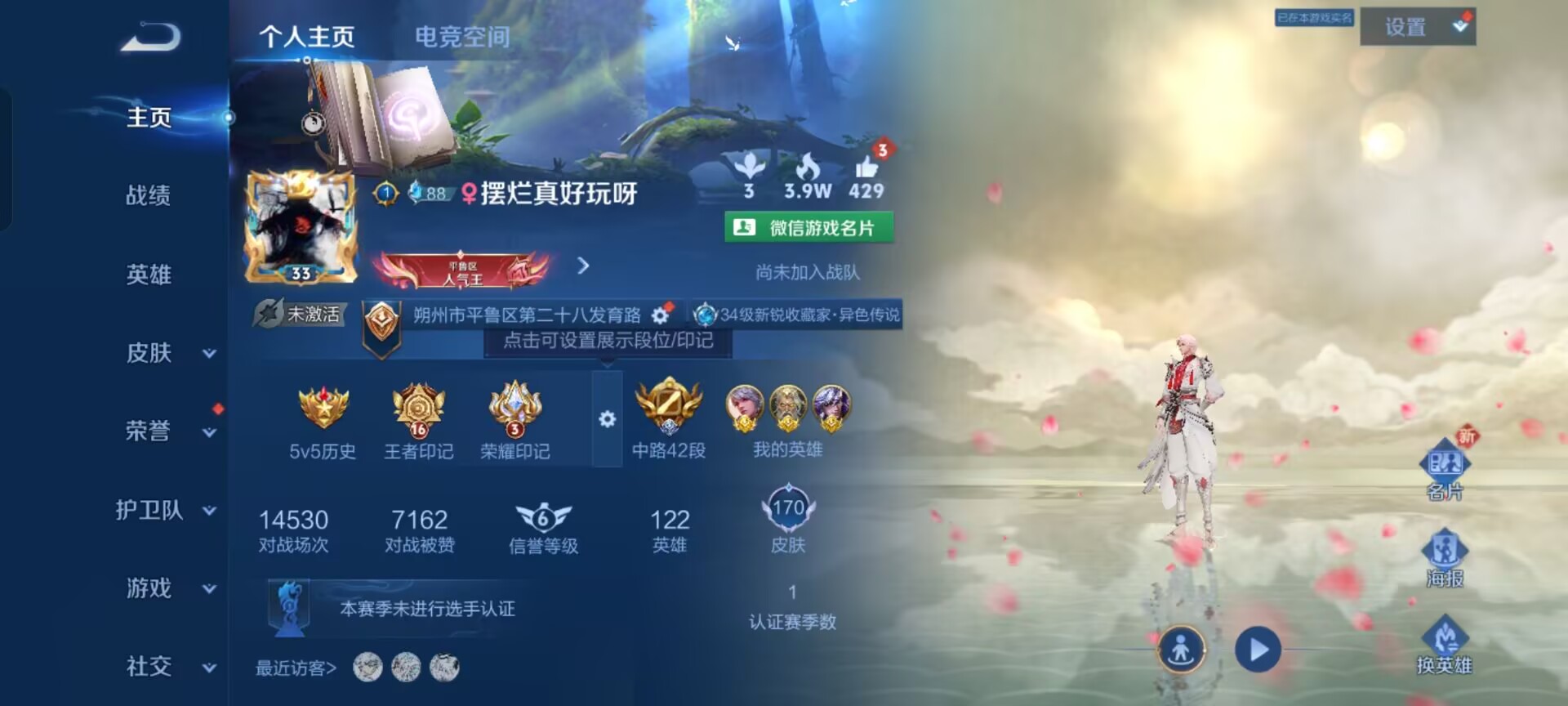 王者荣耀账号安卓VX族积分16792-V6-170皮肤-(可二次) 全场景限制 289幸运值 4传说 1星元 金色仲夏夜