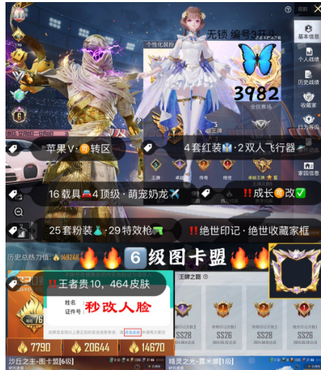和平精英账号苹果微信 编号3982 6级图卡盟 露米娜 欧若拉 塞卢姆 三螳螂 木乃伊 赤蝎 小丑