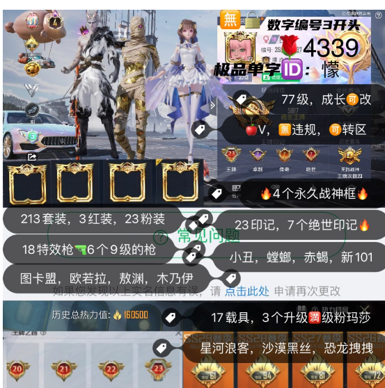 和平精英账号苹果微信编号4339, 极品单字ID懞 苹果V,77级,成长可改,4个战神框,23印记,7绝世印记,1萌兔✈,17载具3升级1满级粉玛莎,18特效 其中有6个9级枪,3红装,23套粉装,图卡盟,欧