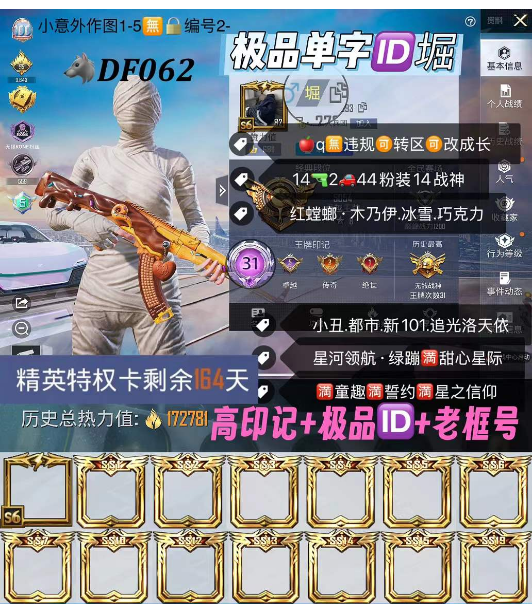 和平精英账号苹果QQ极品单字ID堀 S6老框 【DF062】  ‼ 苹果q可改成长 31高印记 红螳螂 木乃伊 冰雪 巧克力 小丑 都市 新101 追光 洛天依 星河领航 绿蹦满甜心 星际 满童趣满誓约满星之信