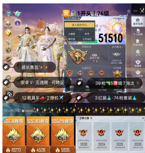 和平精英账号安卓微信 编号51510  安V售后，24高印记，战神框，4级云鸾，烛九，图卡盟，赤蝎，巡查，都市，木乃伊，小丑，雪国，新101，巧克力，追光，猪妹，灵感，洛天依，放客，第五大道，2B，飞龙，晶梦灵