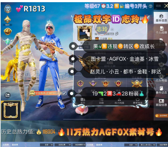 和平精英账号苹果微信【R1813】 ‼  极品双字ID志玲 苹果v无违规可转区可改成长 图卡盟 AGFOX 金迪迦 赵灵儿 巧克力小丑 都市 金鞋 胖达 战队服 火箭少女 19枪2满3车28粉装 1红装