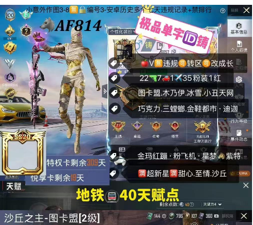 和平精英账号苹果微信极单字ID铸 ‼ 【AF814】苹果V可改成长 图卡盟 木乃伊 冰雪 小丑天网 巧克力 三螳螂 金鞋都市 迪迦 金玛红蹦 粉飞机 星梦马紫特 满超新星满甜心 至情 星际 22枪7车1✈35粉