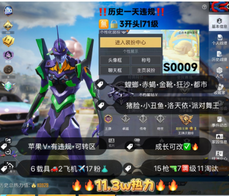 和平精英账号苹果微信 编号S0009  果V可改，螳螂，木乃伊，金鞋子，新101，猪妹，洛天依，2级玛莎，15特7满11淘汰，6载具2僚机，17粉，送碎片