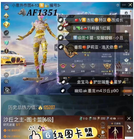 和平精英账号苹果微信6级图卡盟 觉醒螳螂 小丑 【AF1351zs】苹果V可改成长 番茄 萨莉亚 洛天依  金宝马 护世瑞兽 星梦马 幽焰ak墨龙m4沙丘p90 8枪4计数4车11粉装1红装