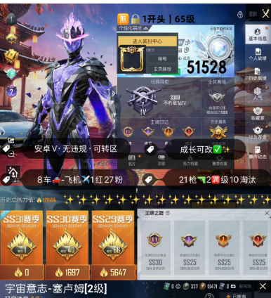 和平精英账号安卓微信 编号51528   安V可改，战神框，2级塞卢姆，双色螳螂，木乃伊，都市，新101，猪妹，洛天依，铂金兰博，宇宙意志，21特2满1计数10淘汰，8载具1僚机，27粉1红