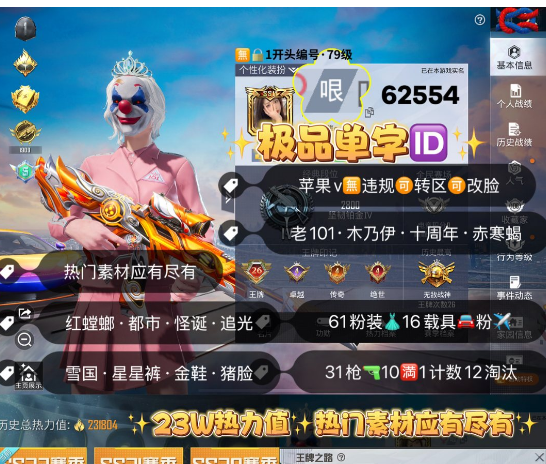 和平精英账号苹果微信 编号62554 果V可改，单字ID哏，26高印记，战神框，新老101，雪国，木乃伊，十周年，巡查，赤寒蝎，都市，螳螂，小丑，追光，金鞋子，巧克力，灵感，猪妹，黑丝，星星裤，第五大道，洛天依