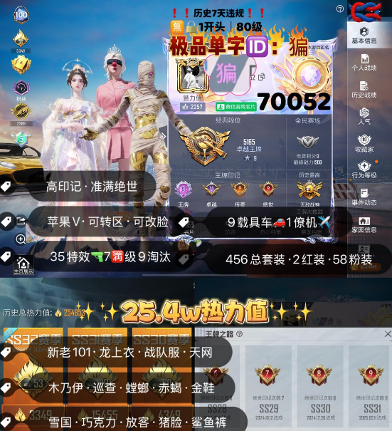 和平精英账号苹果微信 编号70052  果V可改，单字ID猵，33高印记，满绝世，战神框，3级图卡盟，云鸾，新老101，龙上衣，天网，都市，巡查，觉醒，赤蝎，金鞋子，雪国，巧克力，放客，猪妹，灵感，星际，飞龙，