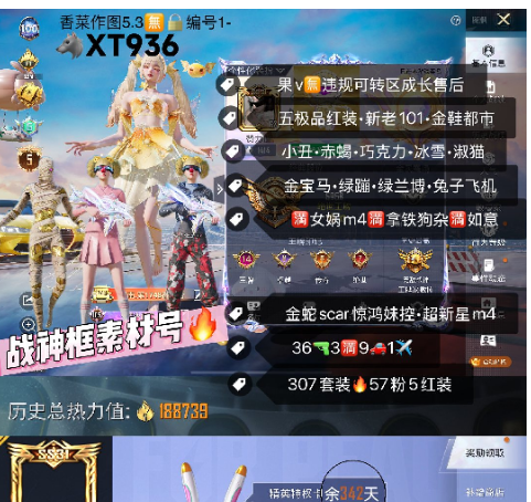 和平精英账号苹果微信【XT936】 ‼苹果v 战神框素材号•342天特权卡 露米娜 图卡盟 龙妈 欧若拉 敖渊 新老101 金鞋 都市 赤蝎 小丑 极限 金宝马 绿兰博 绿蹦 兔飞机 星梦马 满女娲m4满拿铁狗