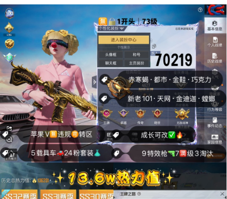 和平精英账号苹果微信 【素材】编号70219  果V可改，战神框，新老101，天网，金迪迦，螳螂，赤寒蝎，都市，金鞋子，巧克力，猪妹，放客，星星裤，粉玛莎，甜心AK，9特7满3淘汰，24粉，5载具