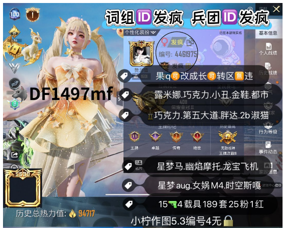 和平精英账号苹果微信词组ID发疯 兵团ID发疯 【DF1497mf】 ‼ 果q可改 地铁48天赋点 露米娜 巧克力 小丑 金鞋 都市 巧克力 第五大道 胖达2b 淑猫 6星梦aug 女娲M4 时空scar 星梦