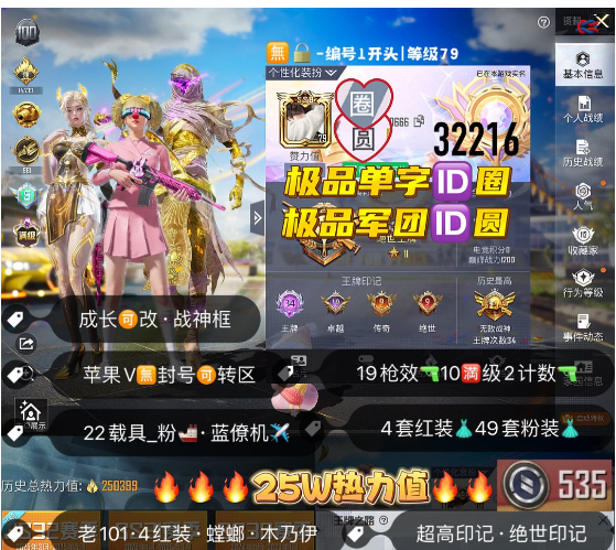 和平精英账号苹果微信 编号32216  果V可改，单字ID圈，军团ID圆，34印记，战神框，满级图卡盟，瑞兽，关公，赵云，新老101，三色螳螂，木乃伊，雪国，猪妹，巧克力，小丑，天网，赤寒蝎，十周年，狂沙，白勺