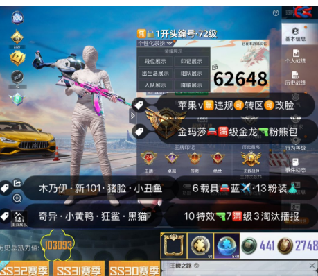 和平精英账号苹果微信 编号62648  果V可改，24高印记，战神框，木乃伊，新101，猪妹，狂沙，金玛莎，10特7满3淘汰，13粉，6载具蓝僚机，送碎片