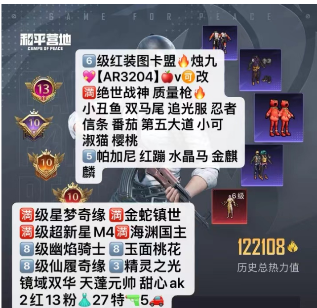 和平精英账号苹果微信6级红装图卡盟 烛九  【AR3204】 ‼苹果v 满绝世战神 成长可改 质量枪 小丑鱼 双马尾 追光服 忍者信条  番茄 第五大道 小可 淑猫 樱桃 5⃣帕加尼 红蹦 水晶马 金麒麟 满级