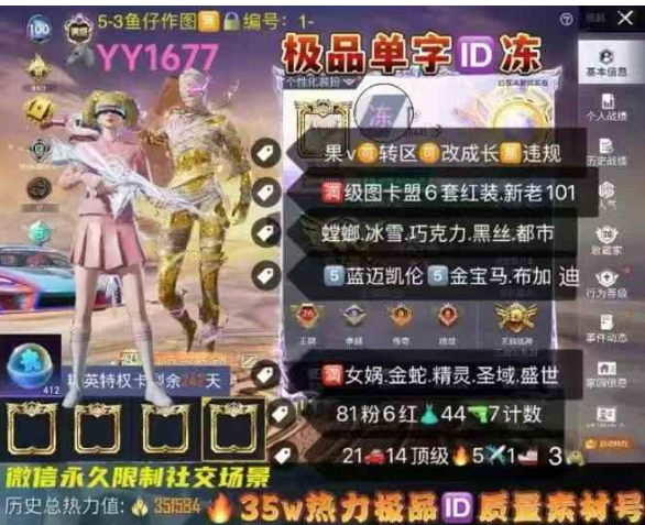 和平精英账号苹果微信极品单字ID冻 满级图卡盟 【YY1677】苹果V 成长可改 35w高热力  4战神框 45天赋点  新老101 6套红装 螳螂 冰雪 巧克力 黑丝 小白龙 都市 西部 飞龙 奇异 猪妹 5