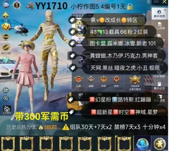 和平精英账号苹果微信【YY1710】 7框苹果v可改 3图卡盟 露米娜 冰雪 新老101 黄螳螂 木乃伊 巧克力 男神套 天网 黑丝 小丑 极限 暗夜之虎 金标 满超新星满时空满神域满星梦 4升级车满幻星粉5路