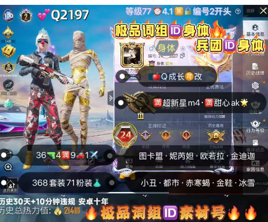 和平精英账号苹果QQ【Q2197】 ‼可包赔  极品词组ID身体 兵团ID身体 苹果Q 成长可改 图卡盟 妮芮妲 欧若拉 金迪迦 巧克力小丑 都市 赤寒蝎 金鞋 冰雪 糯粉咩咩 36枪4满9车1✈71粉装 3红
