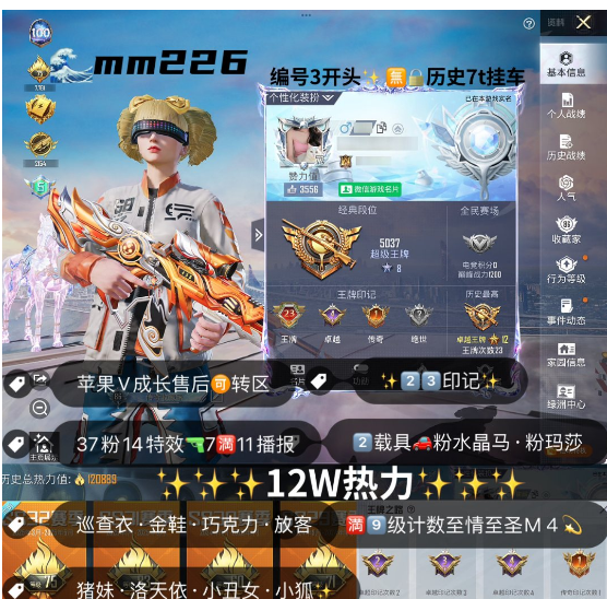 和平精英账号苹果微信mm226  苹果V区 成长售后 可转区 巡查衣 新101 金鞋 巧克力 洛天依 猪妹 放客 迷兔 奶龙 小狐 馨动 胖达 37粉14特效 7满11播报2载具 粉玛莎 粉水晶马 星月云朵 飞
