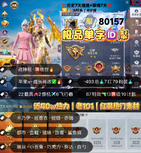 和平精英账号苹果微信 编号80157  果V可改，单字ID厴，战神框，28高印记，满绝世，战神框，满级图卡盟，瑞拉，云鸾，妮芮妲，露米娜，欧若拉，熬渊，新老101，木乃伊，巡查，螳螂，都市，金鞋子，追光，雪国，