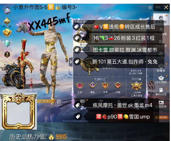 和平精英账号苹果微信【XX445mf】 苹果V 地铁满天赋 图卡盟 欧若拉 敖渊 冰雪 都市 新101 第五大道 创作师 兔兔 疾风摩托 盖世ak墨龙m4 满p90满Gz雪国ump 16枪3车26粉装3红装1战