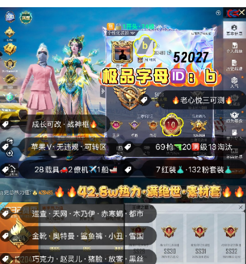 和平精英账号苹果微信 【老3可测】编号52027  果V可改，字母IDb，地铁满天赋，战神框，满绝世，满级图卡盟，初翊，瑞拉，塞卢姆，欧若拉，露米娜，熬渊，妮芮妲，新老101，巡查，天网，木乃伊，觉醒，三色螳螂