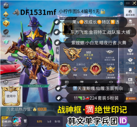 和平精英账号苹果微信兵团韩文单字ID【DF1531mf】 ‼ 苹果可改 战神框满绝世印记 紫螳螂 小白龙 暗夜行者 火舞 东方飞龙 金羽特工 战队服 大橘 7天蓬斯嘎 仙履p90 玉面狗杂 11枪3车224套装