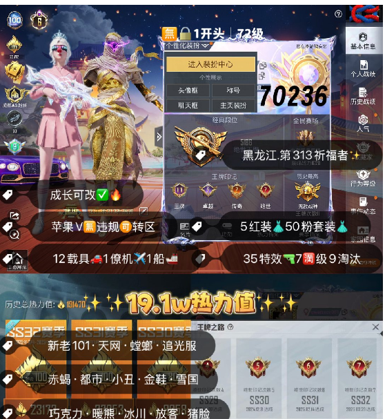 和平精英账号苹果微信 编号70236   果V可改，战神框，6级图卡盟，瑞拉，妮芮妲，露米娜，欧若拉，新老101，天网，螳螂，都市，赤蝎，小丑，金鞋子，追光，雪国，巧克力， 放客，灵感，星星裤，狂沙，第五大道，