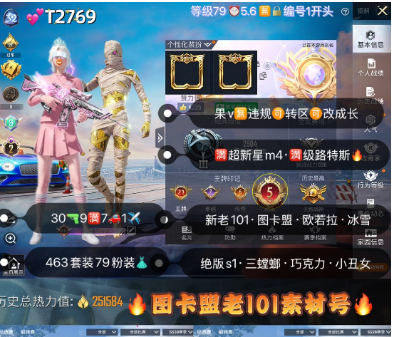 和平精英账号苹果微信【T2769】 ‼ 苹果v无违规可转区可改成长 新老101 图卡盟 欧若拉 巧克力 冰雪都市 绝版s1 三螳螂 小丑女 第五大道 30枪9满7车1✈79粉装 2红装满超新星m4满级路特斯