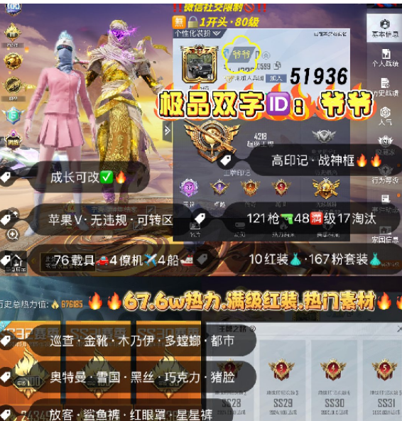 和平精英账号苹果微信 编号51936  果V可改，ID爷爷，战神框，32印记，战神框，满级图卡盟，2级云鸾，烛九，瑞拉，维塔，露米娜，塞卢姆，妮芮妲，熬渊，欧若拉，新老101，巡查，金鞋子，都市，天网，木乃伊，
