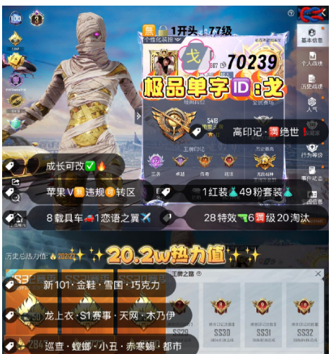 和平精英账号苹果微信 编号70239  果V可改，单字ID戈，战神框，37高印记，战神框，3级图卡盟，龙上衣，S1套，天网，木乃伊，巡查，螳螂，赤寒蝎，小丑，都市，金鞋子，雪国，新101，巧克力，狂沙，第五大道