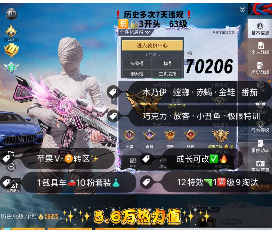 和平精英账号苹果微信 编号70206   果V可改，地铁满天赋，木乃伊，螳螂，觉醒，赤蝎，金鞋子，巧克力，放客，超新星，盖世，天蓬，12特1满3计数9淘汰，1载具，10粉