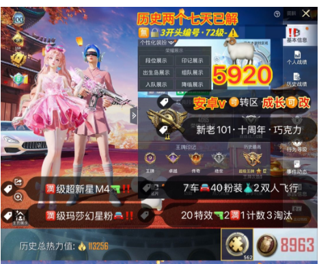 和平精英账号苹果微信【5920】 /v区 老101  光子十周年 新101 巧克力 童趣 樱桃泡泡 洛天依 猪妹 第五大道 暖熊 发光眼罩满级玛莎 满级超新星m4 40粉  7载具  20特效