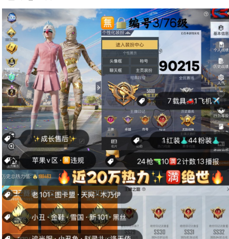 和平精英账号苹果微信 编号90215  果V售后，战神框，17印记，满绝世，2级图卡盟，新老101，天网，木乃伊，小丑，追光，黑丝，雪国，赵灵儿，金鞋子，飞龙，洛天依，猪妹，放客，第五大道，小白龙，稻草人，3级
