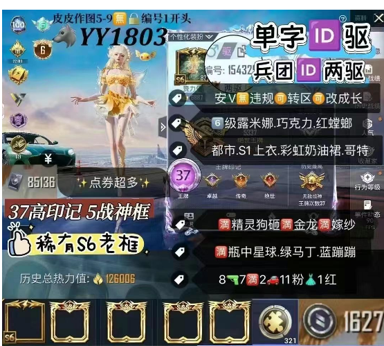 和平精英账号安卓微信单字ID驱 6级露米娜  【YY1803】 安V 可改 稀有S6老框 37高印记 王者V7 地铁满天赋 8W点券 巧克力 红螳螂 都市 S1上衣 彩虹奶油裙 哥特眼罩 稻草人满精灵狗砸 满金
