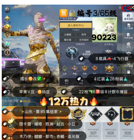 和平精英账号苹果微信 编号90223  果V可改，战神框，6级图卡盟，熬渊，维塔，赵云，木乃伊，螳螂，小丑，都市，赤蝎，新101，飞龙，追光，放客，猪妹，2B，奶龙，小白龙，树人，3级U8，满级超新星，满级万古