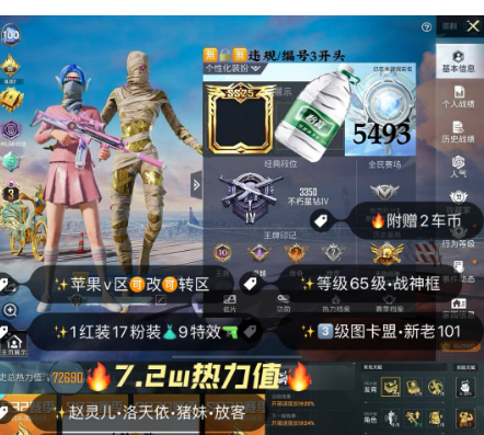 和平精英账号苹果微信 编号5493 果V    附赠2车币 图卡盟 新老101 战神框