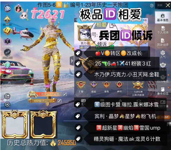 和平精英账号苹果微信极品ID相爱 兵团ID倾诉 【T2621】苹果V‼  6级图卡盟 瑞拉 露米娜 冰雪 木乃伊 巧克力 小丑天网 金鞋 宾利 晶梦 星梦马 粉飞机满超新星满幽焰满雪国ump 精灵狗砸 魔法ak