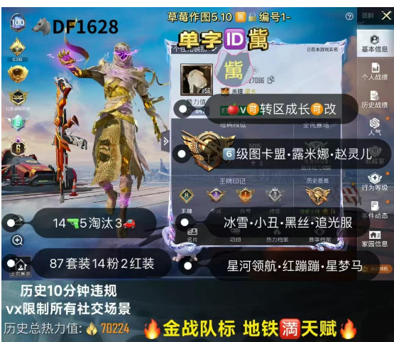 和平精英账号苹果微信单字ID歶 【DF1628】  ‼苹果v 可改 金战队标 地铁满天赋 6级图卡盟 露米娜 赵灵儿 冰雪 小丑 黑丝 追光服 14枪5淘汰3车14粉2红 星河领航 红蹦蹦 星梦马 至情 时空 
