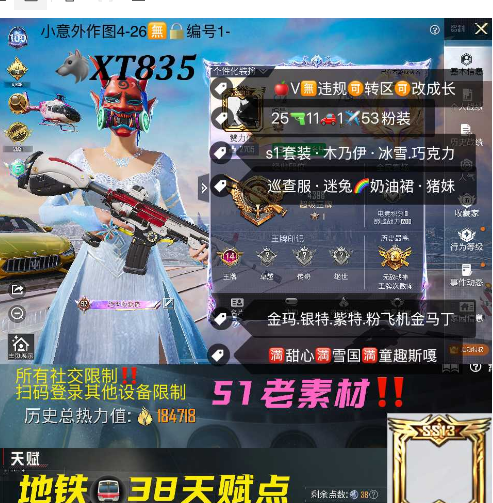和平精英账号苹果微信【XT835】 苹果V可改成长S1老素材号 s1套装 木乃伊 冰雪 巧克力 巡查服 迷兔  奶油裙 猪妹 金玛 银特 紫特 粉飞机 金马丁 满甜心满雪国满童趣斯嘎 25枪11车1✈53粉装1