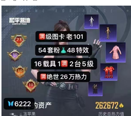 和平精英账号苹果微信编号6222苹果V区  4套热门红装 1600红装碎片 满级图卡盟 欧若拉 云鸾 妮芮妲 54粉装48特效 16载具1满级车 新老101 木乃伊 天网 红熊 千金猫 小丑  赵灵儿 雪国 恐