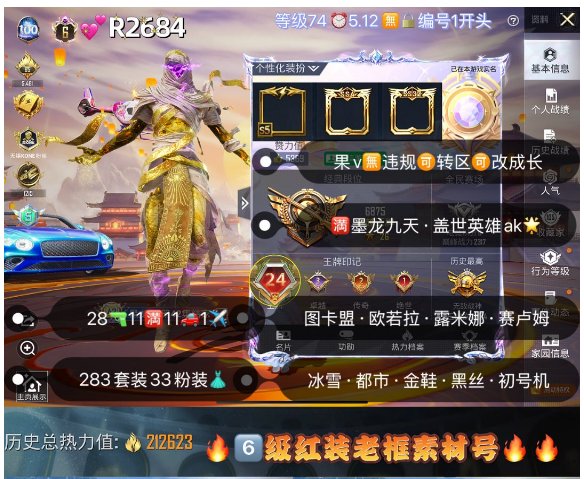 和平精英账号苹果微信老框【R2684】 ‼6级红装 苹果无违规可转区可改成长 图卡盟 欧若拉 赛卢姆 露米娜 初号机巧克力 冰雪 都市 金鞋 黑丝 火箭少女 28枪11满11车1✈33粉装 6红装