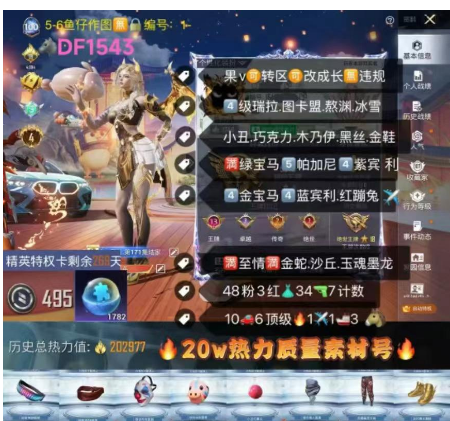 和平精英账号苹果微信【DF1543】 ‼苹果V 成长可改 495军需币  4级瑞拉 图卡盟 熬渊 巧克力 冰雪 小丑 木乃伊 黑丝 金鞋追光 满绿宝马5蓝帕加尼 紫宾利 4金宝马4蓝宾利 红蹦 金马 满至情满金