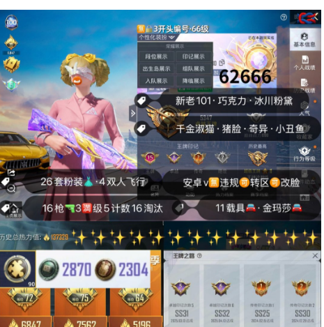和平精英账号安卓微信 编号62666  安V可改，15印记，新老101，巧克力，猪妹，飞龙，狂沙，2B，第五大道，洛天依，金玛莎，沙丘之主，魔法神域，墨龙九天，宇宙意志，境域双华，超新星，16特3满5计数16淘