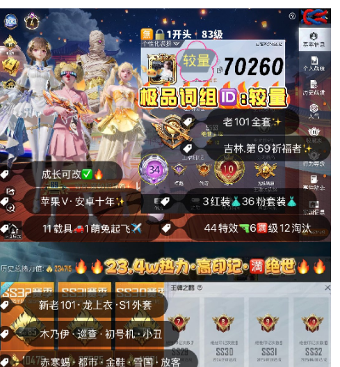 和平精英账号苹果微信编号70260  果V可改 词组ID较量 满绝世 高印记 老101 四级图卡盟 露米娜 欧若拉 S1赛事服 龙师傅外套  小丑  初号机 螳螂 木乃伊 赤寒蝎 金鞋子 冰雪 巧克力 暗夜之虎