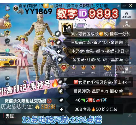和平精英账号苹果微信数字ID9893 小高印记素材号  【YY1869】 苹果v 带2296点卷•32点地铁天赋•多裙子 图卡盟 露米娜 妮芮妲 新老101 金迪迦 紫螳螂 木乃伊 小丑 金鞋 都市 寒蝎 巧克