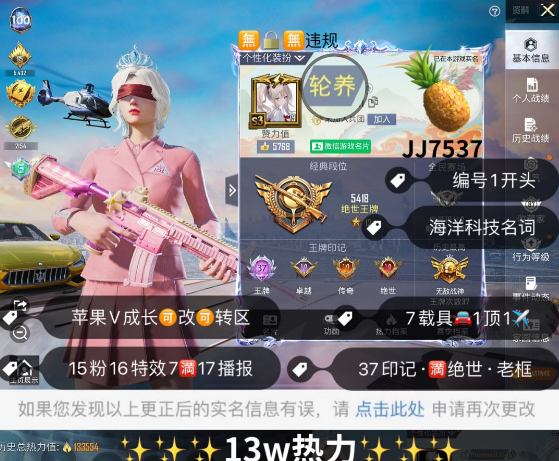 和平精英账号苹果微信编号JJ7537  苹果V成长可改可转区无违规 ‼海洋科技名词ID轮养‼  老101+S1赛事+2老框  老101 S1 金鞋 冰雪 巡查衣 番茄 15粉16特效7满17播报7 1顶级 差一