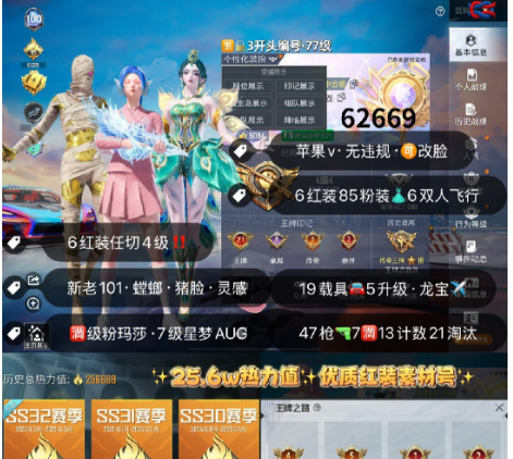 和平精英账号苹果微信 编号62669  果V可改，21高印记，4级图卡盟，初翊，妮芮妲，云鸾，露米娜，烛九，新老101，觉醒，灵感，洛天依，第五大道，猪妹，稻草人，奶龙，小白龙，满级玛莎，5级威龙，4级塞纳，2